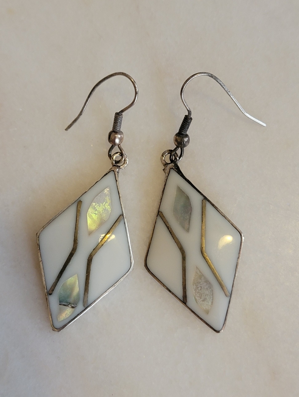 Vintage Mexican Alpaca Silver Abalone Shell Dangle Earrings White